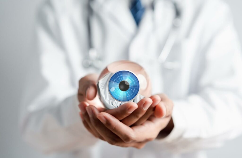 An optometrist holding a plastic eye.